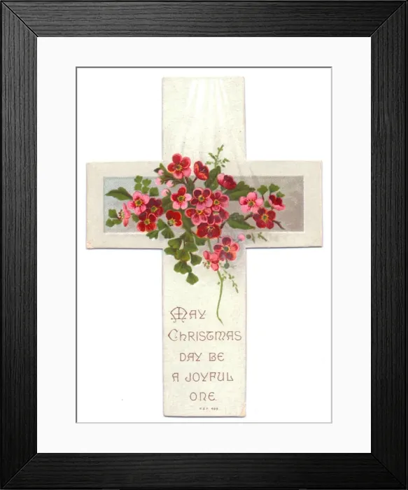 Framed Print : Pink and red flowers on a cross-shaped Christmas card Framed Print : Pink and red flowers on a cross-shaped Christmas card