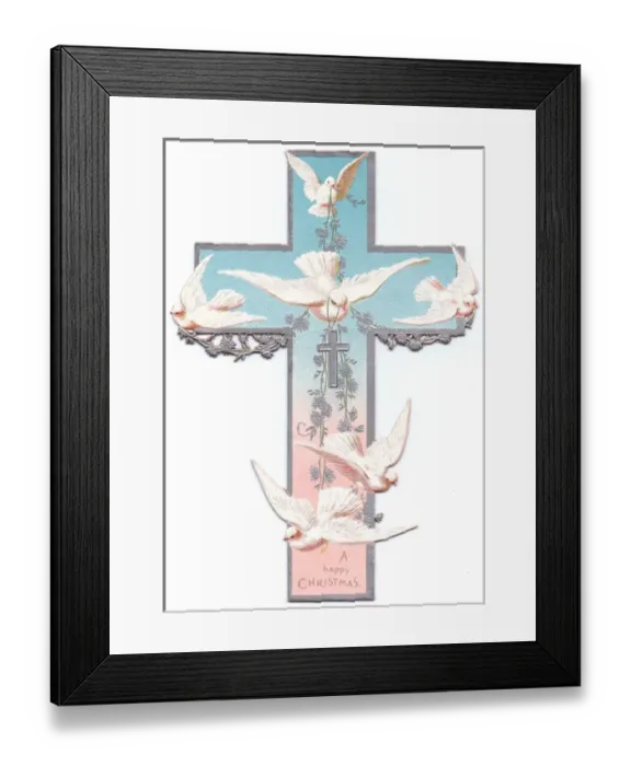 Framed Print : White doves on a cross-shaped Christmas card Framed Print : White doves on a cross-shaped Christmas card