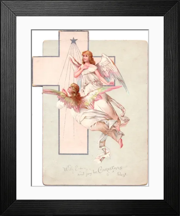 Framed Print : Two angels with star and cross on a Christmas card Framed Print : Two angels with star and cross on a Christmas card