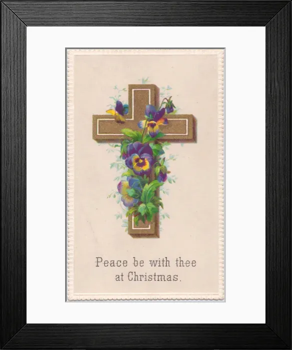 Framed Print : Variegated pansies and a cross on a Christmas card Framed Print : Variegated pansies and a cross on a Christmas card