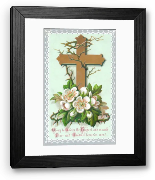 Framed Print : White flowers, thorns and a cross on a Christmas card Framed Print : White flowers, thorns and a cross on a Christmas card