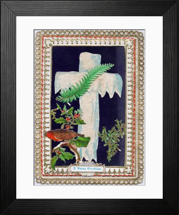 Framed Print : Robin, holly, mistletoe and a cross on a Christmas card Framed Print : Robin, holly, mistletoe and a cross on a Christmas card