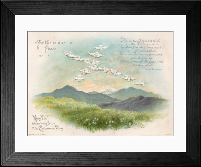 Framed Print : White doves in flight on a Christmas card Framed Print : White doves in flight on a Christmas card