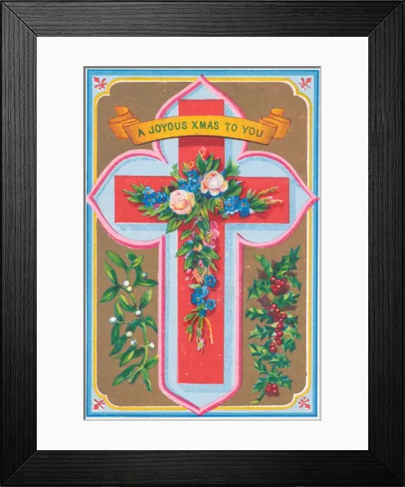 Framed Print : Flowers, mistletoe, holly and a cross on a Christmas card Framed Print : Flowers, mistletoe, holly and a cross on a Christmas card