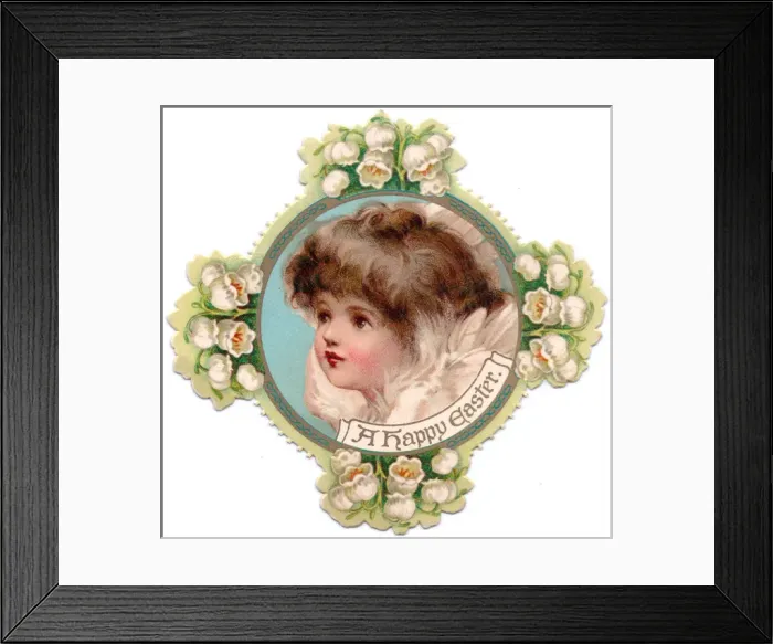 Framed Print : Cherub with white flowers on a cross-shaped Easter card Framed Print : Cherub with white flowers on a cross-shaped Easter card