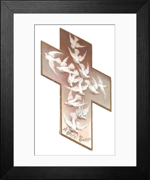 Framed Print : Flock of white doves on a cross-shaped Easter card Framed Print : Flock of white doves on a cross-shaped Easter card