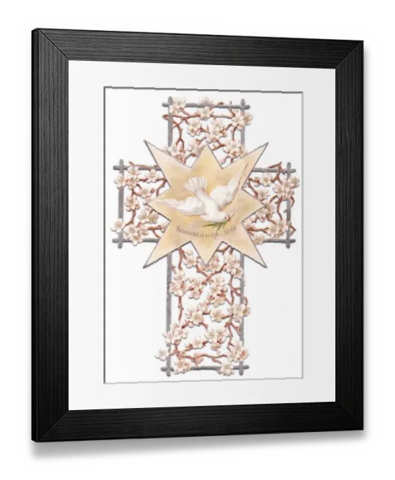 Framed Print : White flowers and dove on a cross-shaped Easter card Framed Print : White flowers and dove on a cross-shaped Easter card