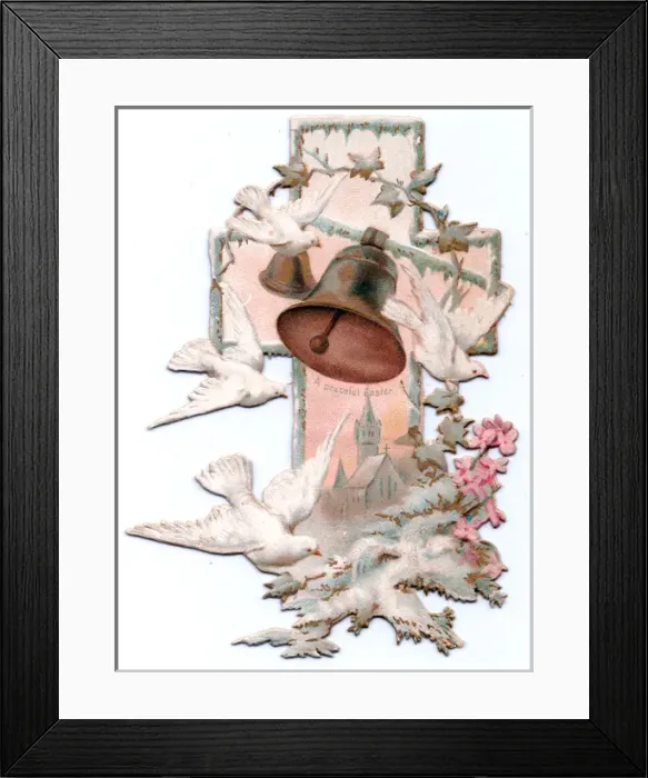 Framed Print : White doves and church bells on a cross-shaped card Framed Print : White doves and church bells on a cross-shaped card