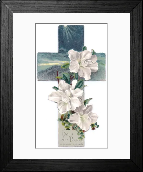 Framed Print : White flowers on a cross-shaped greetings card Framed Print : White flowers on a cross-shaped greetings card