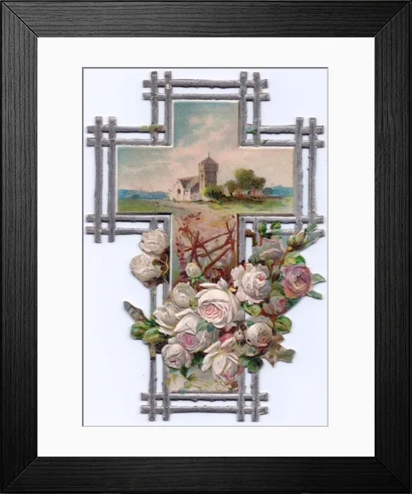 Framed Print : Roses and a church on a cross-shaped greetings card Framed Print : Roses and a church on a cross-shaped greetings card