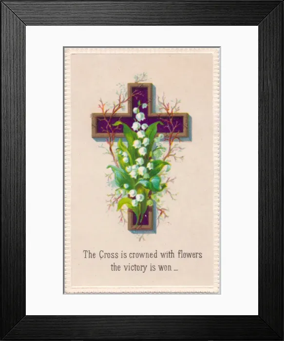 Framed Print : White flowers and a cross on an Easter card Framed Print : White flowers and a cross on an Easter card