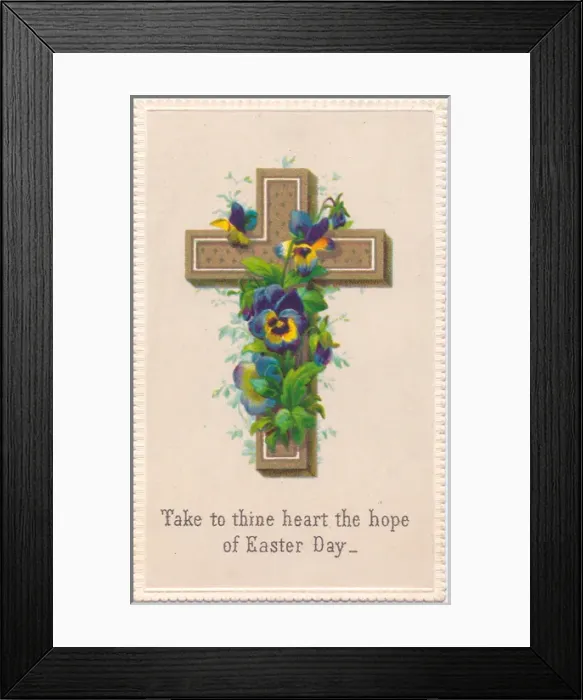 Framed Print : Variegated pansies and a cross on an Easter card Framed Print : Variegated pansies and a cross on an Easter card