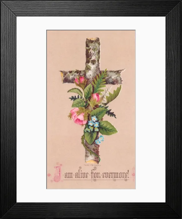 Framed Print : Pink and blue flowers and a cross on an Easter card Framed Print : Pink and blue flowers and a cross on an Easter card