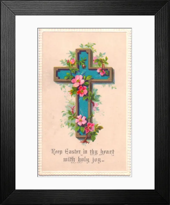 Framed Print : Pink flowers on a blue cross on an Easter card Framed Print : Pink flowers on a blue cross on an Easter card