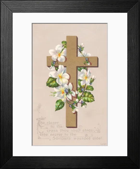 Framed Print : White flowers and a cross on an Easter card Framed Print : White flowers and a cross on an Easter card