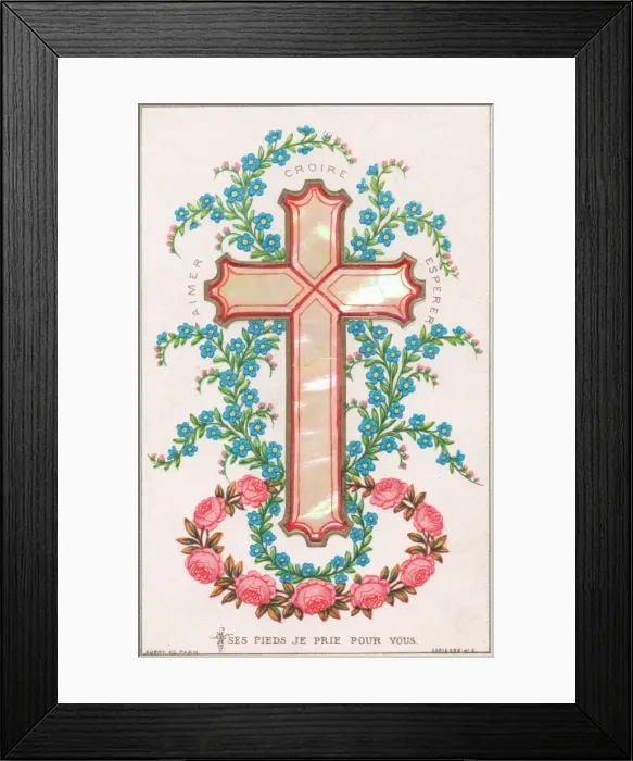 Framed Print : Pink and blue flowers and a cross on a French card Framed Print : Pink and blue flowers and a cross on a French card