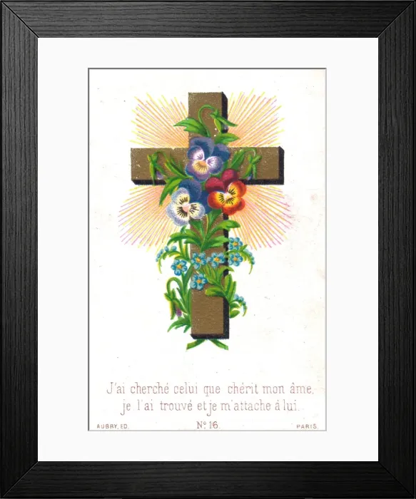 Framed Print : Flowers and a cross on a French greetings card Framed Print : Flowers and a cross on a French greetings card