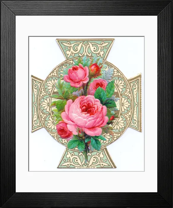 Framed Print : Cross-shaped greetings card with pink roses Framed Print : Cross-shaped greetings card with pink roses