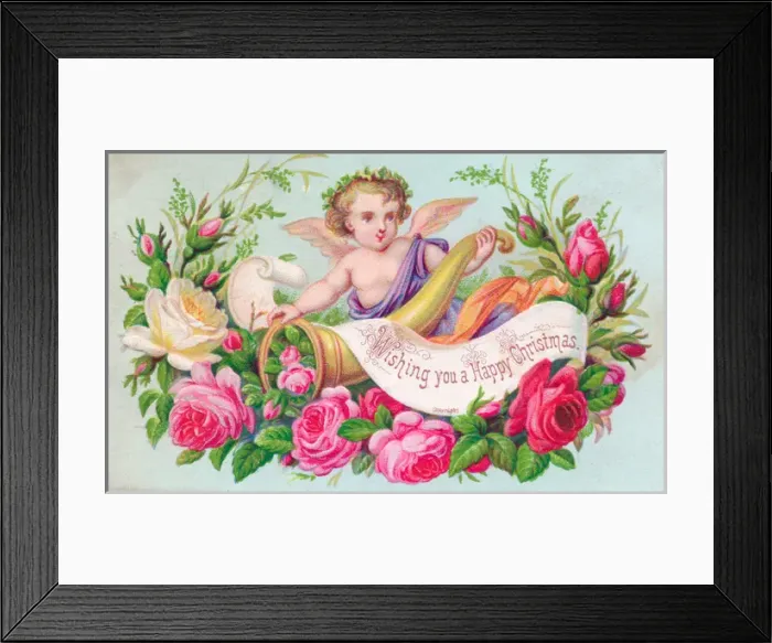 Framed Print : Cherub with pink roses on a Christmas card Framed Print : Cherub with pink roses on a Christmas card