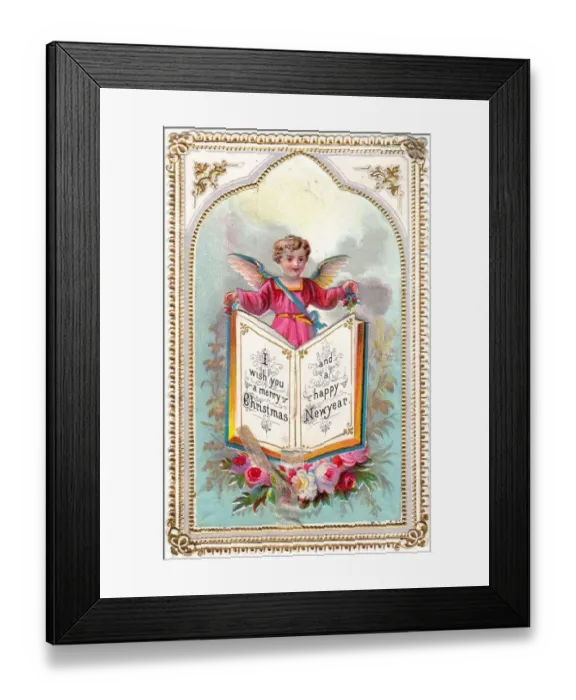 Framed Print : Cherub with book and roses on a Christmas card Framed Print : Cherub with book and roses on a Christmas card
