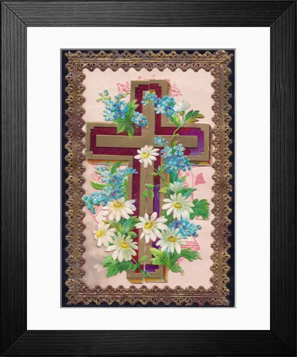 Framed Print : Blue and white flowers with cross on a greetings card Framed Print : Blue and white flowers with cross on a greetings card