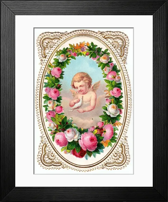 Framed Print : Cherub with dove and pink roses on a greetings card Framed Print : Cherub with dove and pink roses on a greetings card