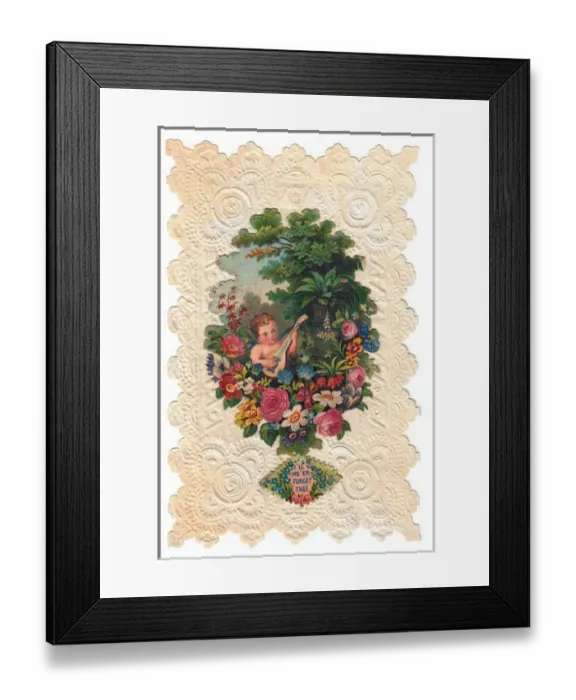 Framed Print : Cherub playing mandolin on a floral greetings card Framed Print : Cherub playing mandolin on a floral greetings card