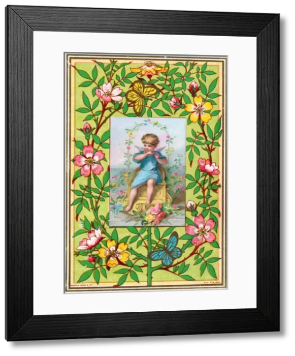 Framed Print : Cherub playing pipe on a floral greetings card Framed Print : Cherub playing pipe on a floral greetings card