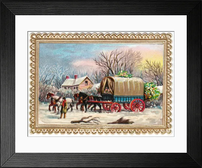 Framed Print : Horse-drawn wagon in the snow on a Christmas card Framed Print : Horse-drawn wagon in the snow on a Christmas card