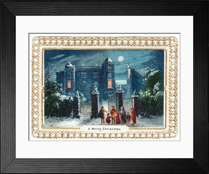 Framed Print : Carol singers in the snow on a Christmas card