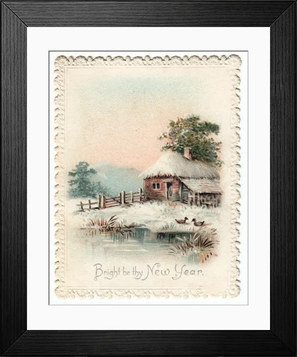 Framed Print : Snow scene with cottage and ducks on a New Year card Framed Print : Snow scene with cottage and ducks on a New Year card
