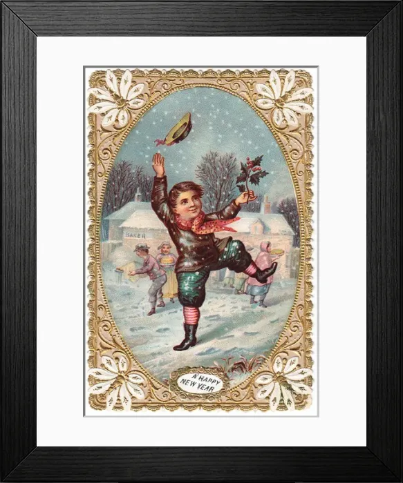 Framed Print : Boy with holly on a New Year card Framed Print : Boy with holly on a New Year card