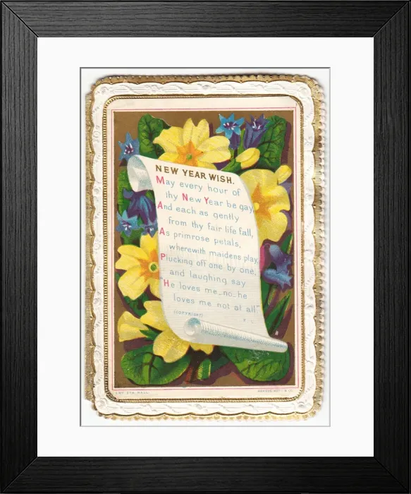 Framed Print : Yellow and blue flowers on a New Year card Framed Print : Yellow and blue flowers on a New Year card
