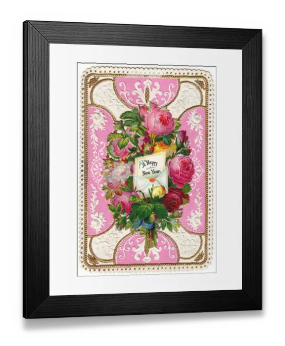 Framed Print : Bunch of pink roses on a New Year card Framed Print : Bunch of pink roses on a New Year card