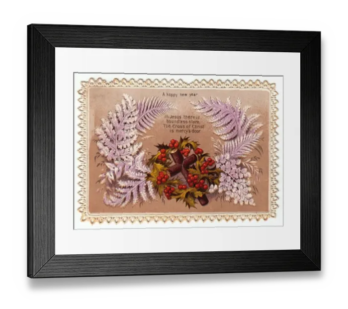Framed Print : Holly and cross with frosted leaves on a New Year card Framed Print : Holly and cross with frosted leaves on a New Year card