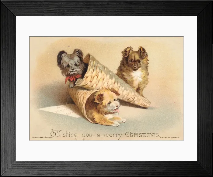 Framed Print : Three dogs on a Christmas card Framed Print : Three dogs on a Christmas card