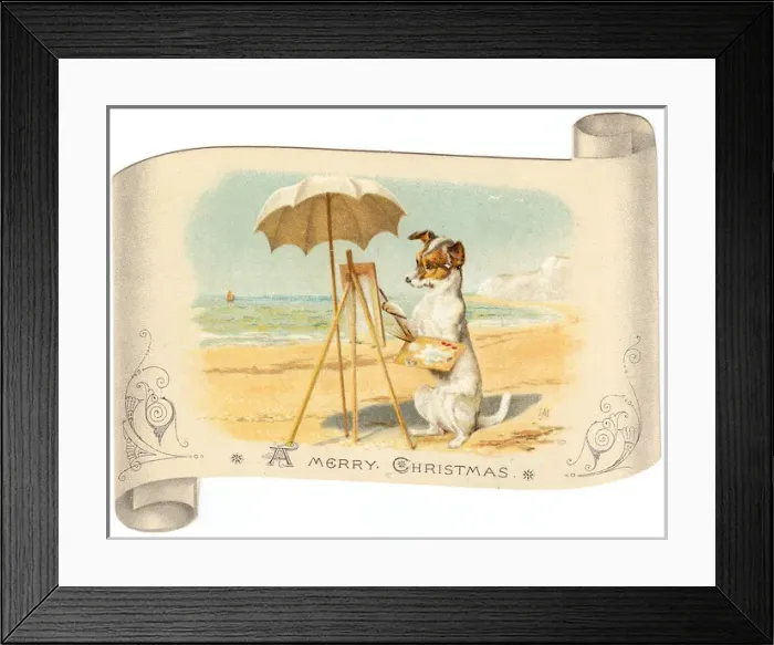 Framed Print : Dog artist at work on the beach on a Christmas card Framed Print : Dog artist at work on the beach on a Christmas card