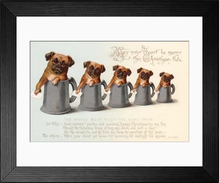 Framed Print : Five bulldogs in tankards on a Christmas card Framed Print : Five bulldogs in tankards on a Christmas card
