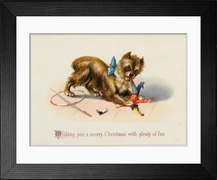 Framed Print : Little dog destroying a doll on a Christmas card Framed Print : Little dog destroying a doll on a Christmas card