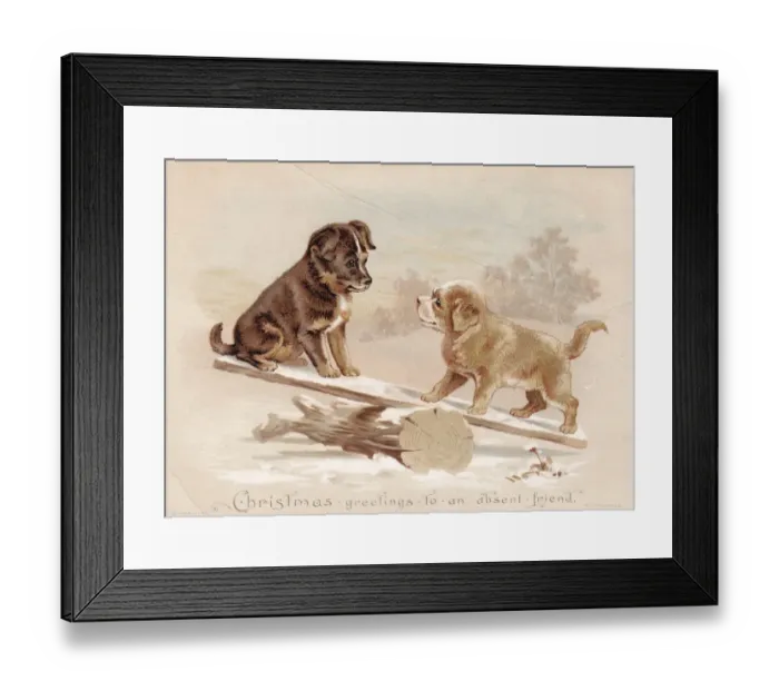 Framed Print : Two puppies on a seesaw on a Christmas card Framed Print : Two puppies on a seesaw on a Christmas card
