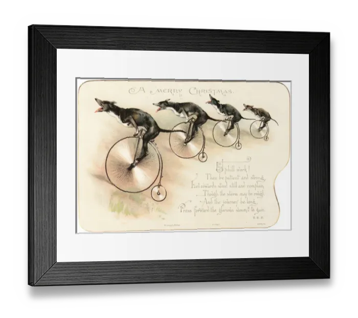 Framed Print : Four dogs on bicycles on a Christmas card Framed Print : Four dogs on bicycles on a Christmas card