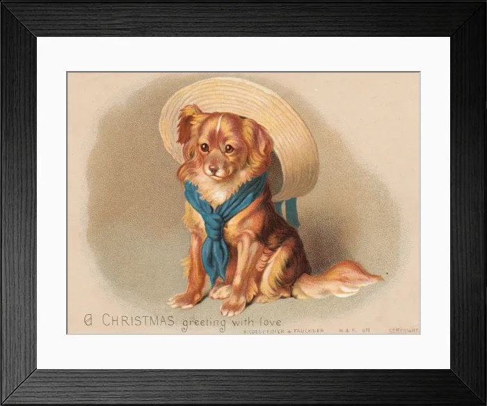 Framed Print : Cute little dog in hat and scarf on a Christmas card Framed Print : Cute little dog in hat and scarf on a Christmas card