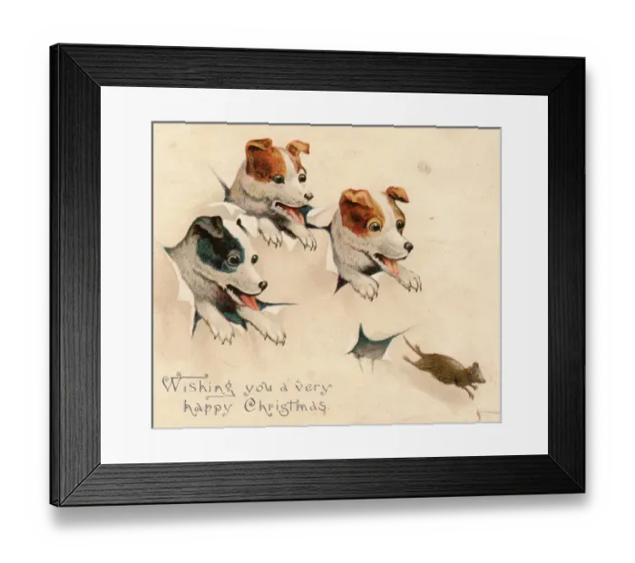 Framed Print : Three dogs chasing a mouse on a Christmas card Framed Print : Three dogs chasing a mouse on a Christmas card
