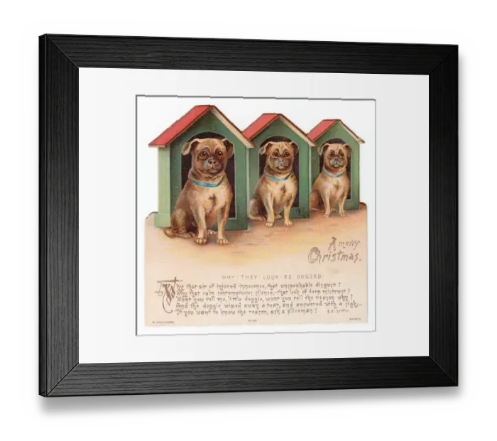 Framed Print : Three dogs with kennels on a Christmas card Framed Print : Three dogs with kennels on a Christmas card