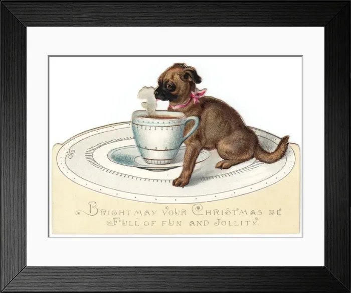 Framed Print : Little dog with large cup of tea on a cutout Christmas card Framed Print : Little dog with large cup of tea on a cutout Christmas card