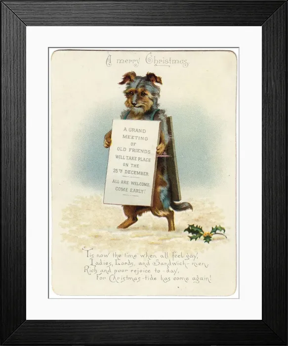 Framed Print : Little dog with sandwich board on a Christmas card Framed Print : Little dog with sandwich board on a Christmas card