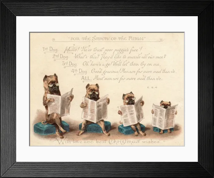 Framed Print : Four dogs reading newspapers on a Christmas card Framed Print : Four dogs reading newspapers on a Christmas card