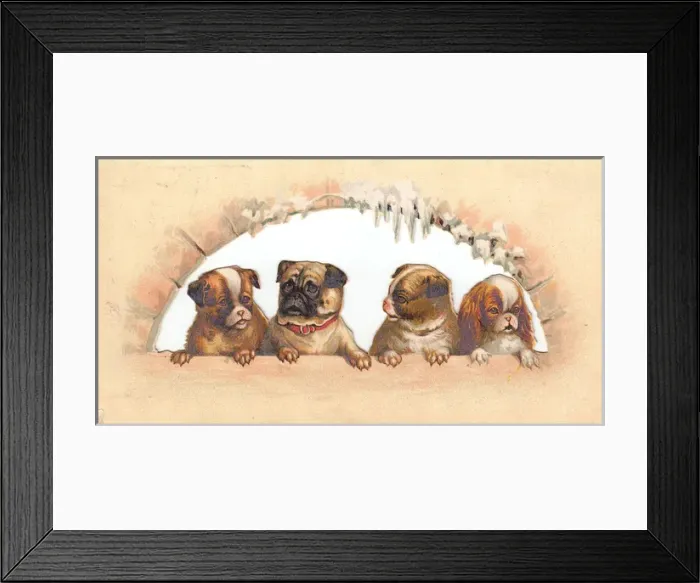 Framed Print : Four dogs in an arch on a Christmas card Framed Print : Four dogs in an arch on a Christmas card