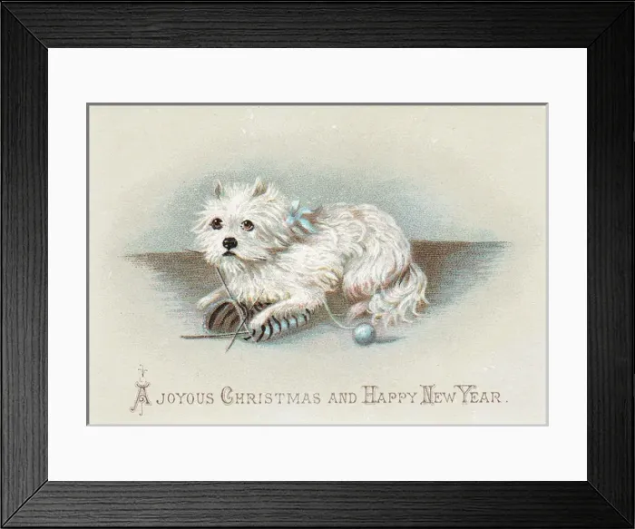 Framed Print : Little dog with knitting on a Christmas and New Year card Framed Print : Little dog with knitting on a Christmas and New Year card