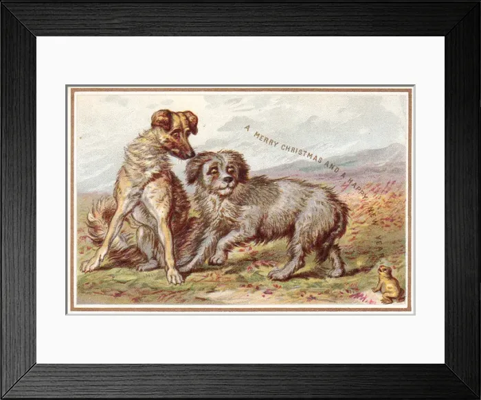 Framed Print : Two dogs and frog on a Christmas and New Year card Framed Print : Two dogs and frog on a Christmas and New Year card